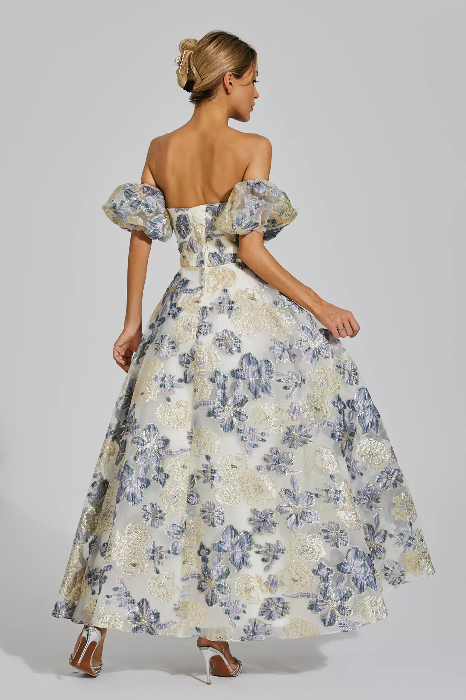 Glenn Blue-Purple Flower Off Shoulder Dress