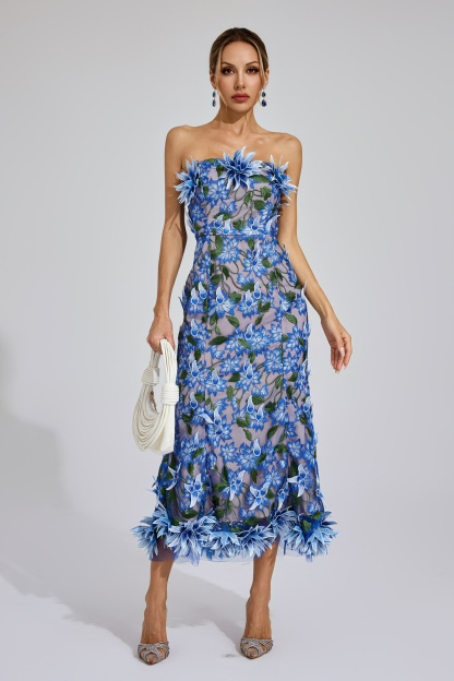 Barry Blue Flower Off Shoulder Dress