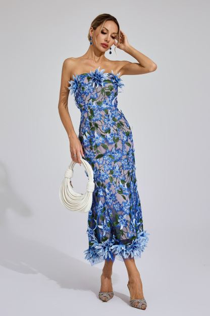 Barry Blue Flower Off Shoulder Dress