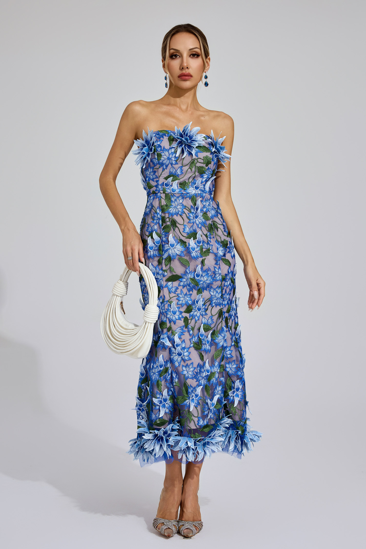 Barry Blue Flower Off Shoulder Dress