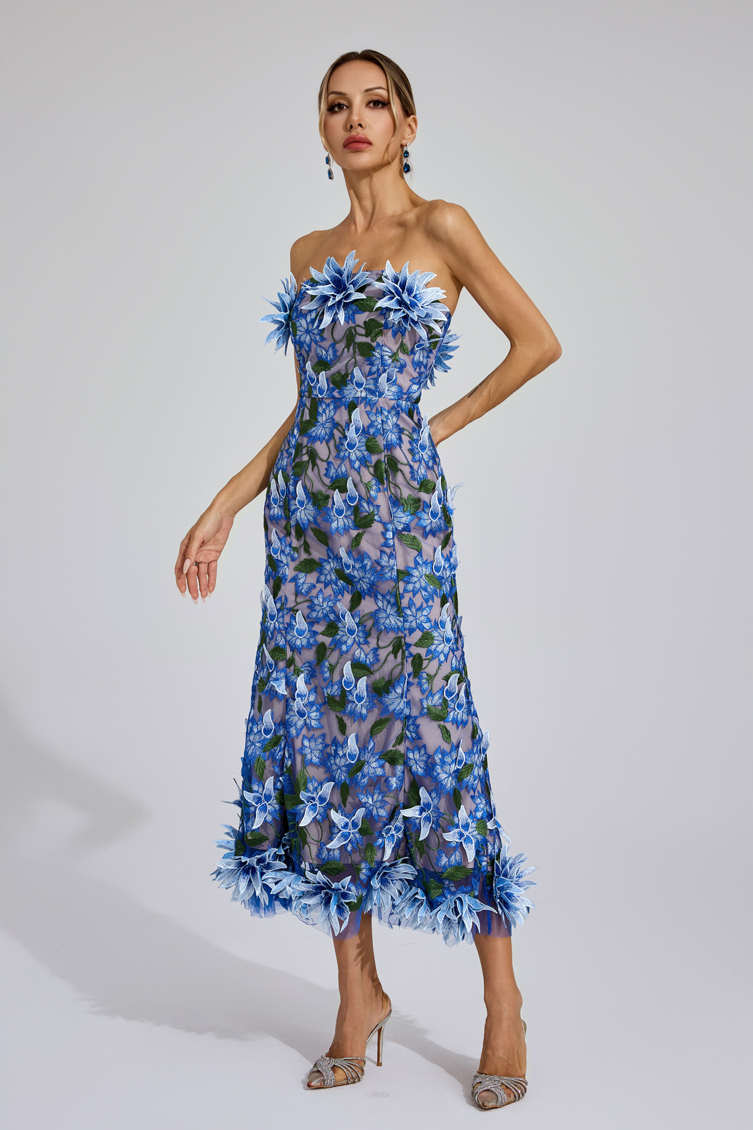 Barry Blue Flower Off Shoulder Dress