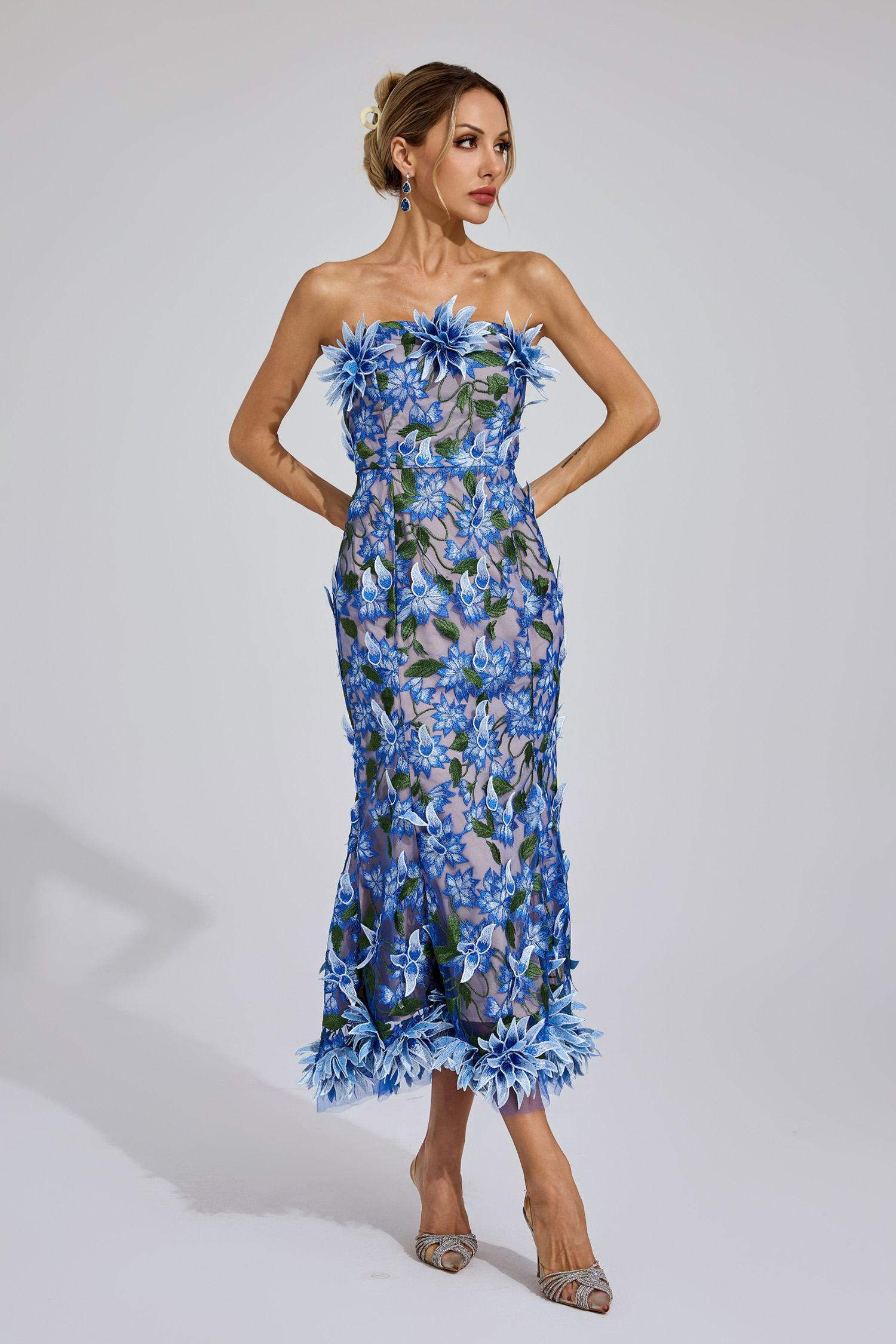 Barry Blue Flower Off Shoulder Dress