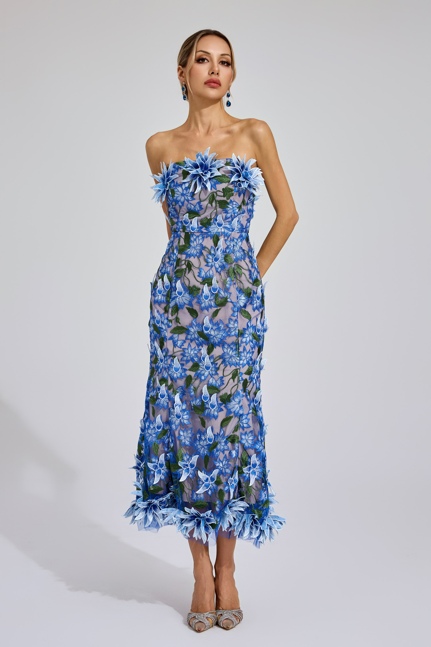 Barry Blue Flower Off Shoulder Dress