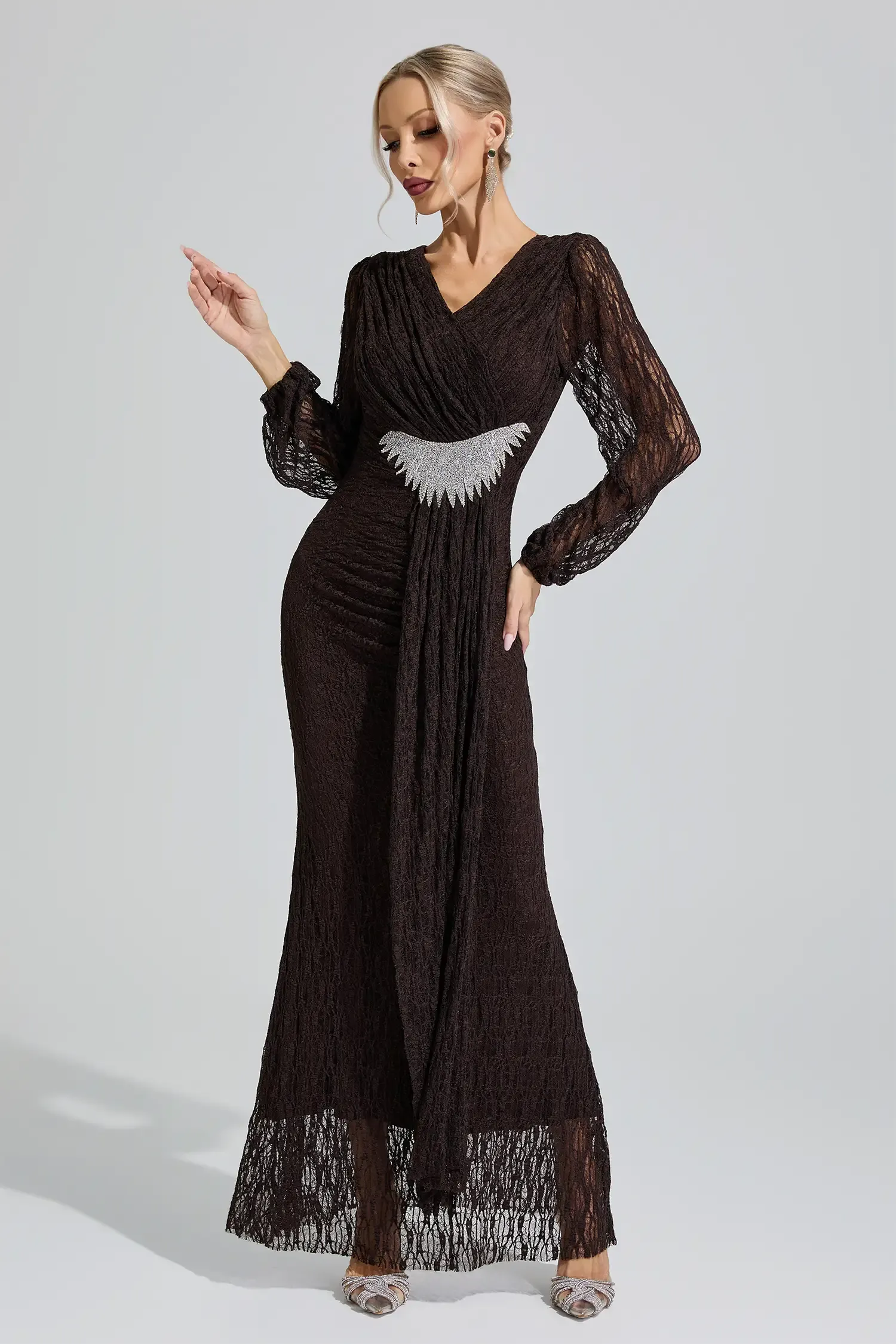 Pocahontas Brown Lace Ruffled Maxi Dress