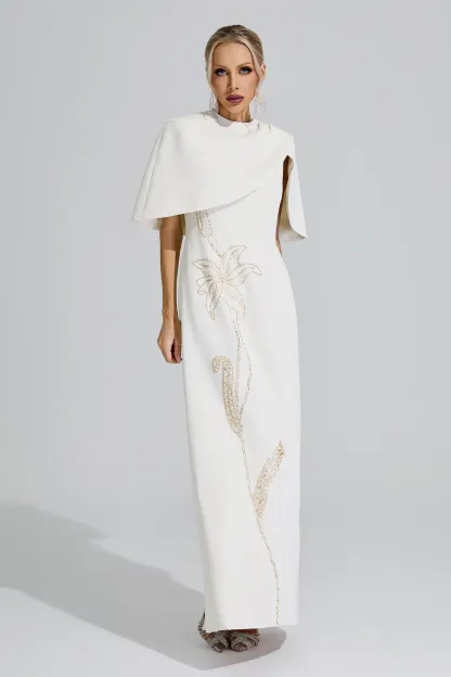 Druyan Apricot Cape Sleeve Beaded Maxi Dress