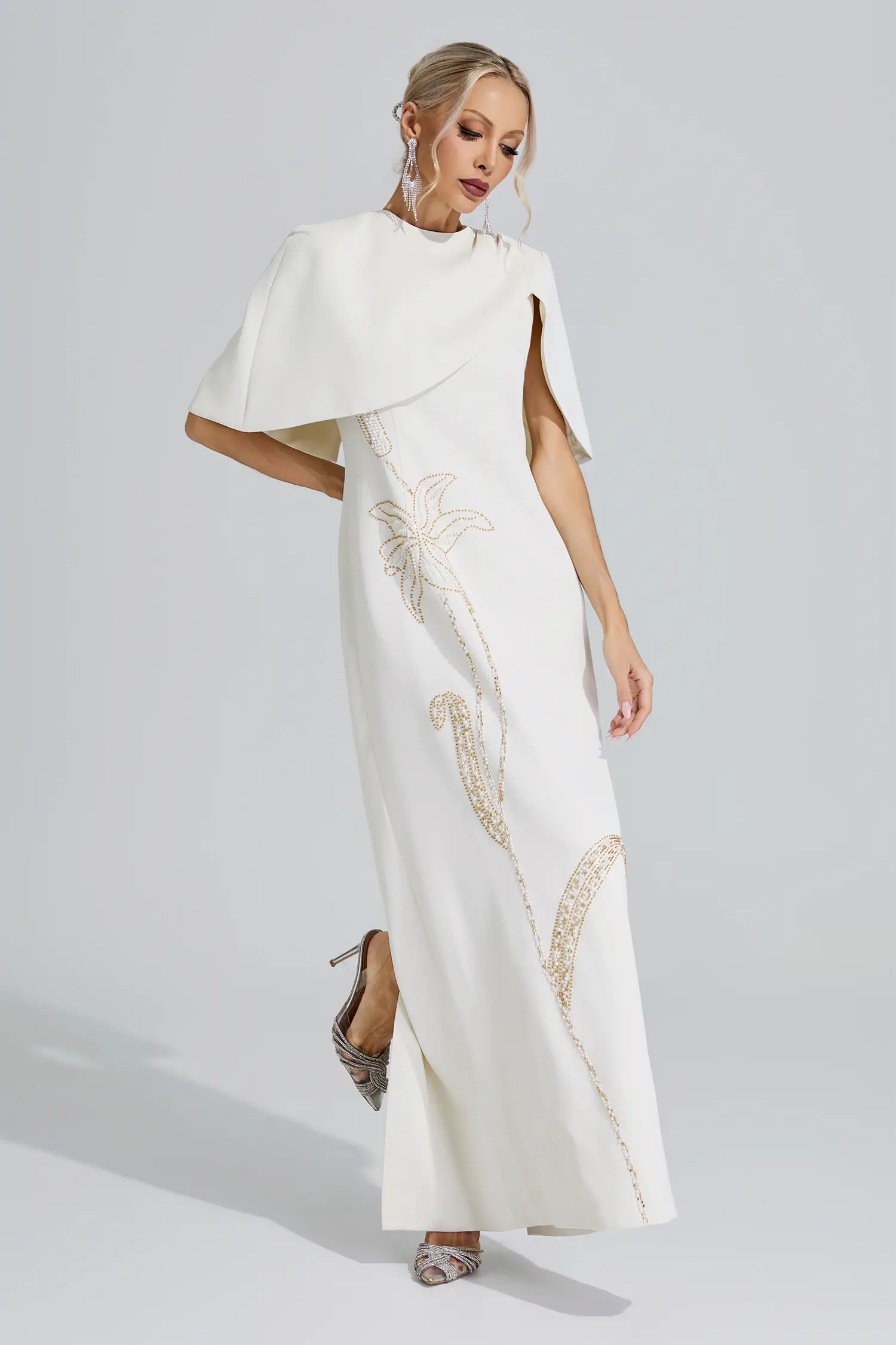 Druyan Apricot Cape Sleeve Beaded Maxi Dress