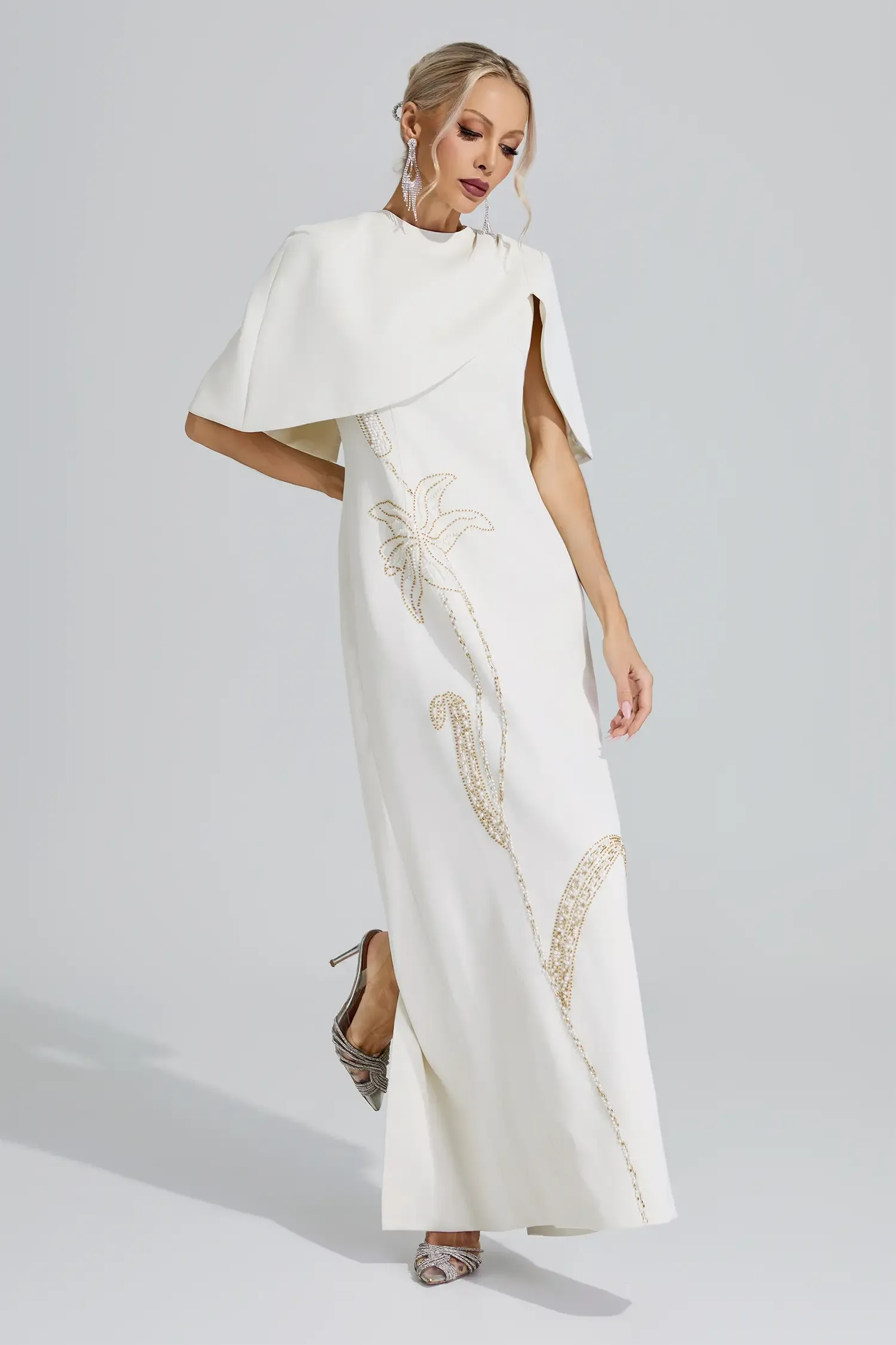 Druyan Apricot Cape Sleeve Beaded Maxi Dress