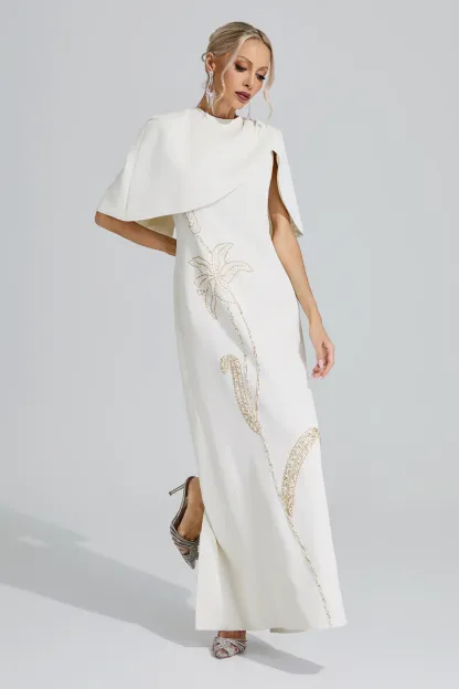 Druyan Apricot Cape Sleeve Beaded Maxi Dress