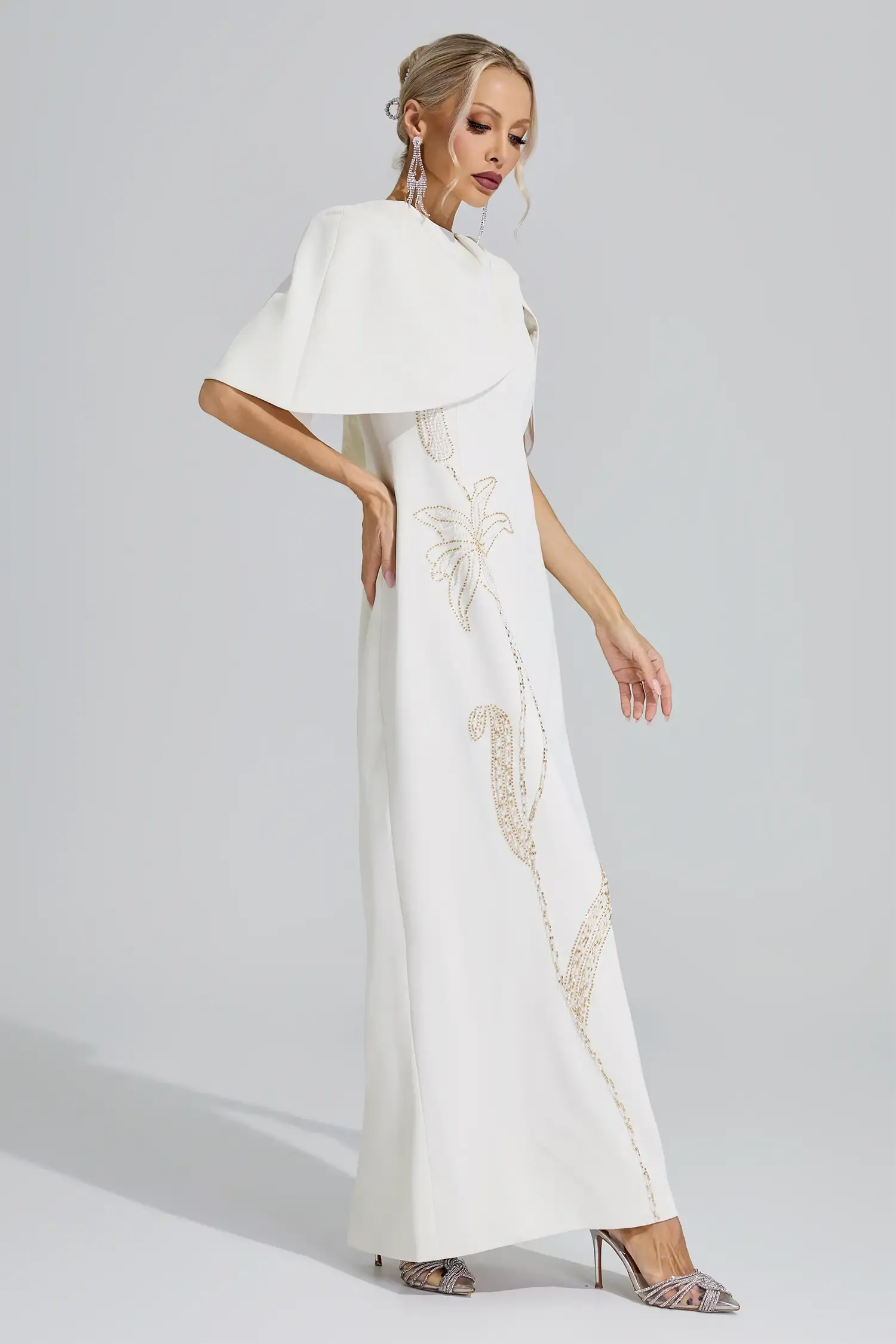 Druyan Apricot Cape Sleeve Beaded Maxi Dress