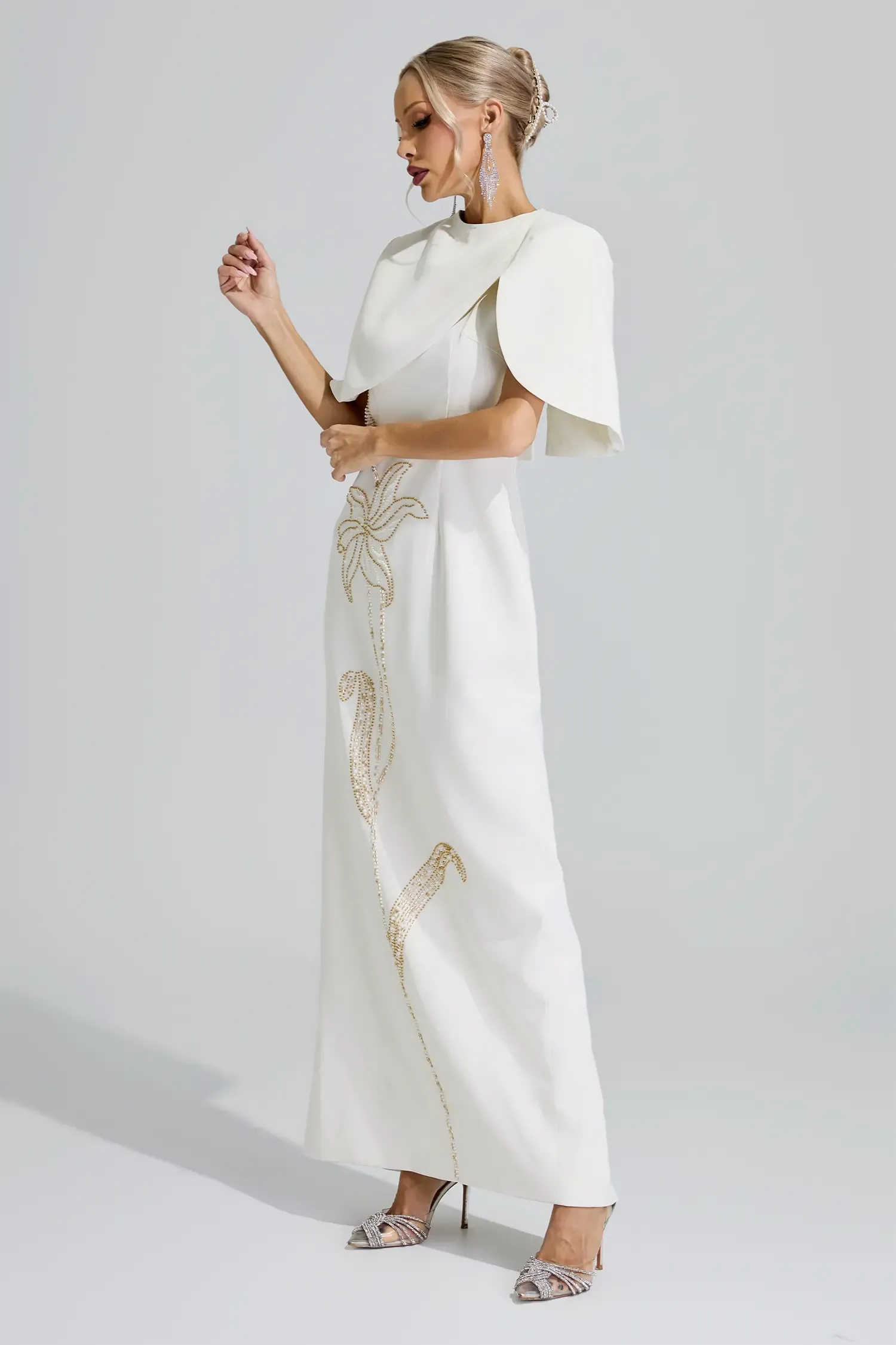 Druyan Apricot Cape Sleeve Beaded Maxi Dress