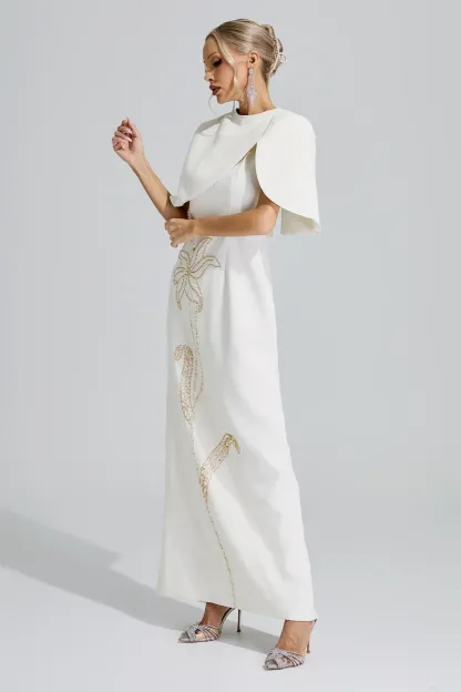 Druyan Apricot Cape Sleeve Beaded Maxi Dress