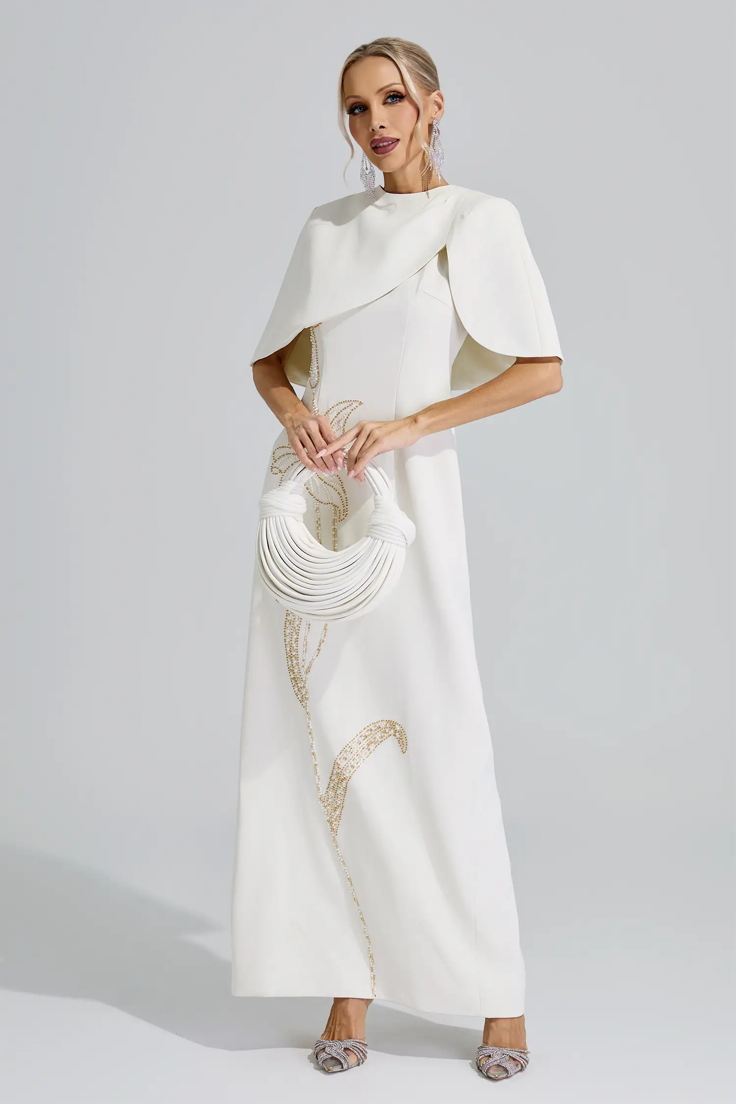 Druyan Apricot Cape Sleeve Beaded Maxi Dress