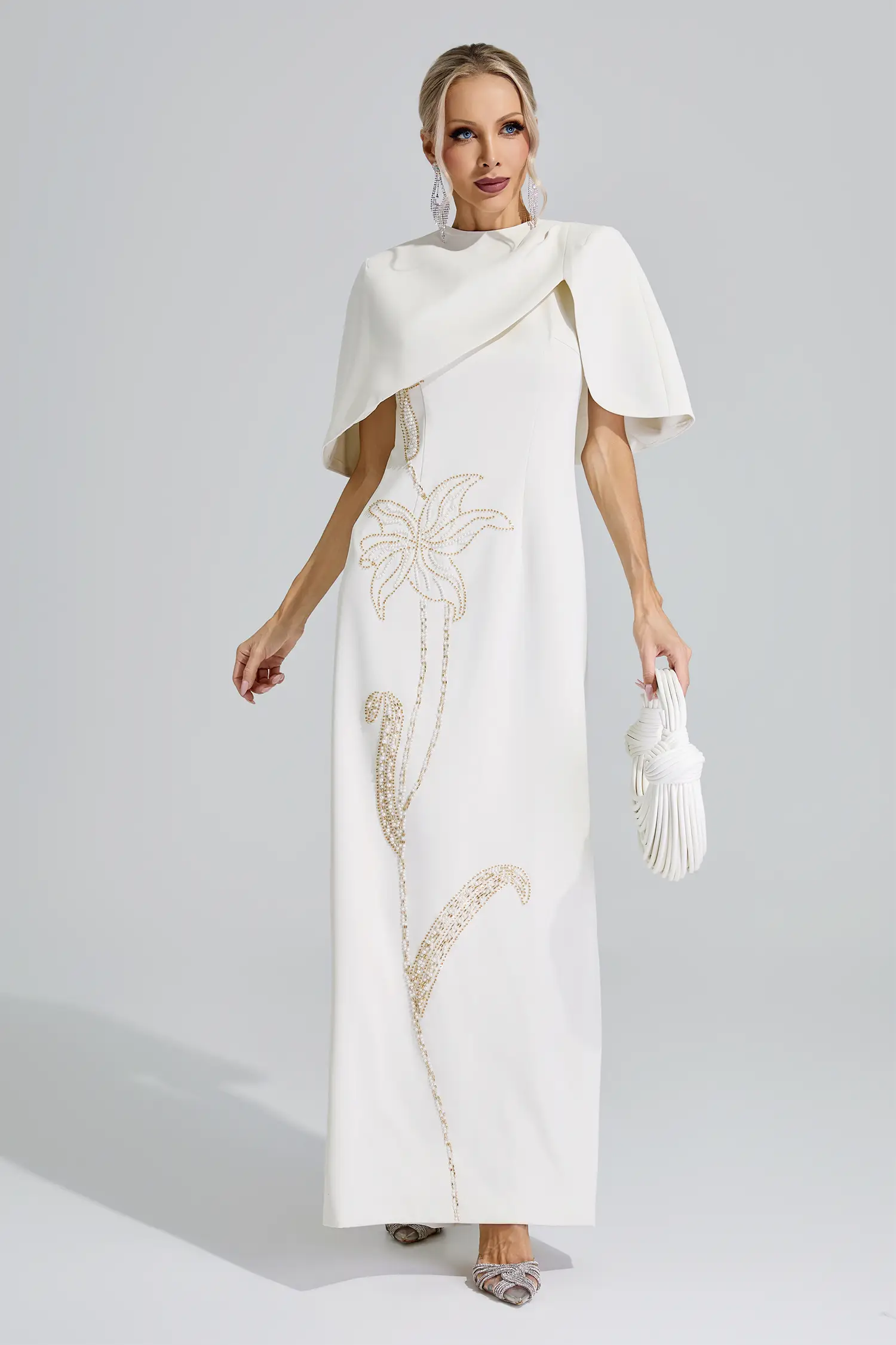 Druyan Apricot Cape Sleeve Beaded Maxi Dress