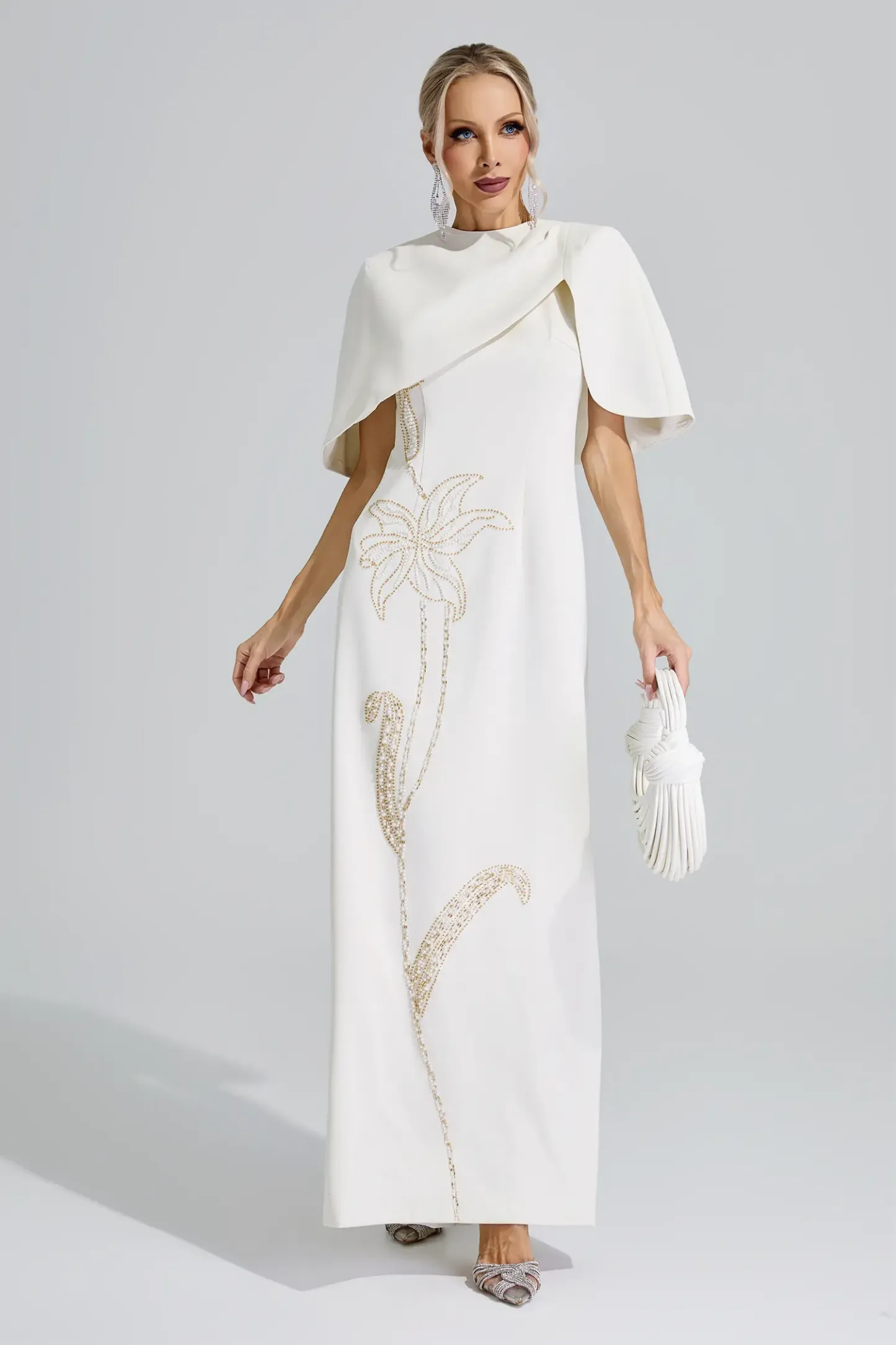 Druyan Apricot Cape Sleeve Beaded Maxi Dress