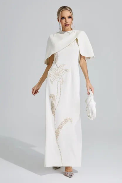 Druyan Apricot Cape Sleeve Beaded Maxi Dress