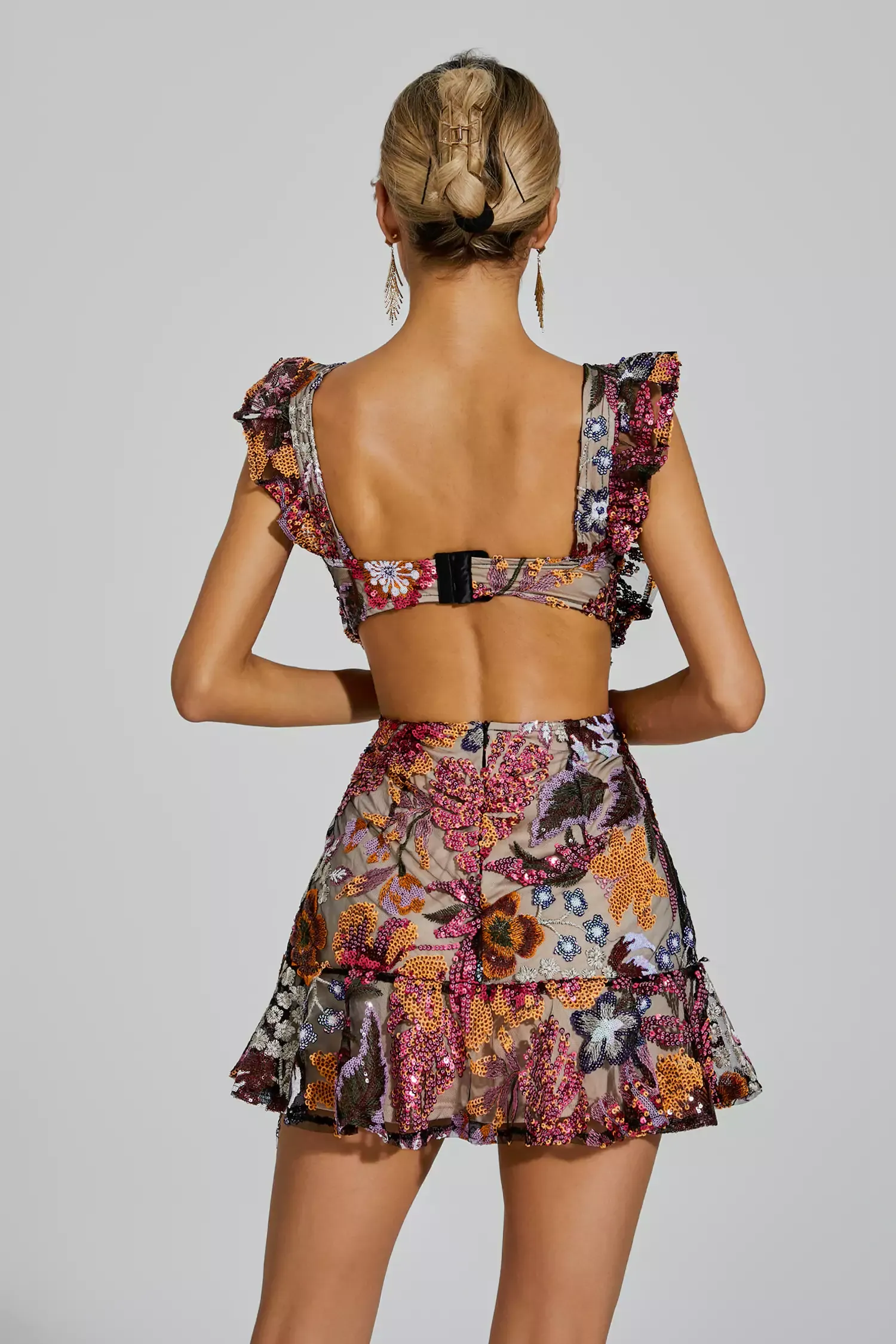 Walsh Brown Ruffle Floral Cutout Mini Dress