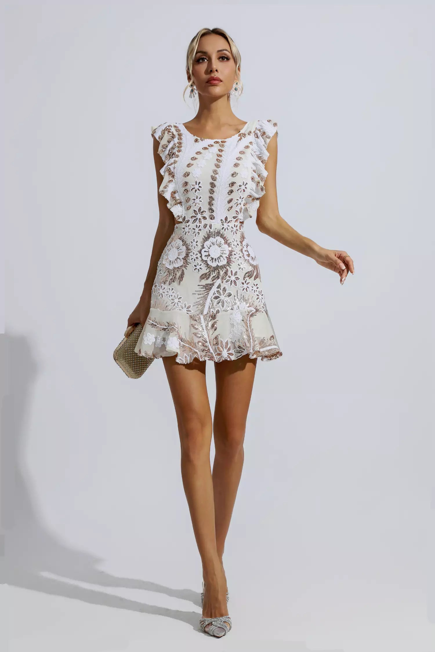 Walsh White Ruffle Floral Cutout Mini Dress