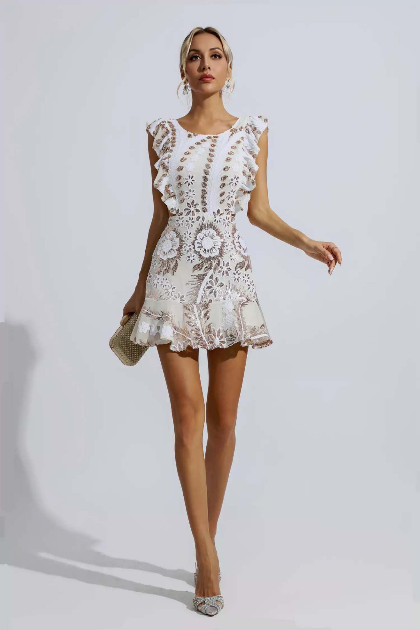 Walsh White Ruffle Floral Cutout Mini Dress