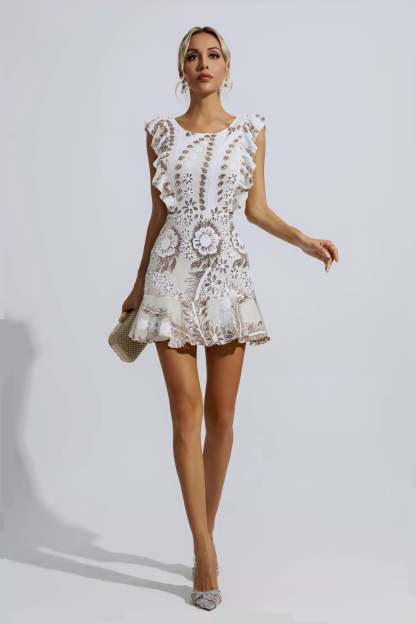 Walsh White Ruffle Floral Cutout Mini Dress