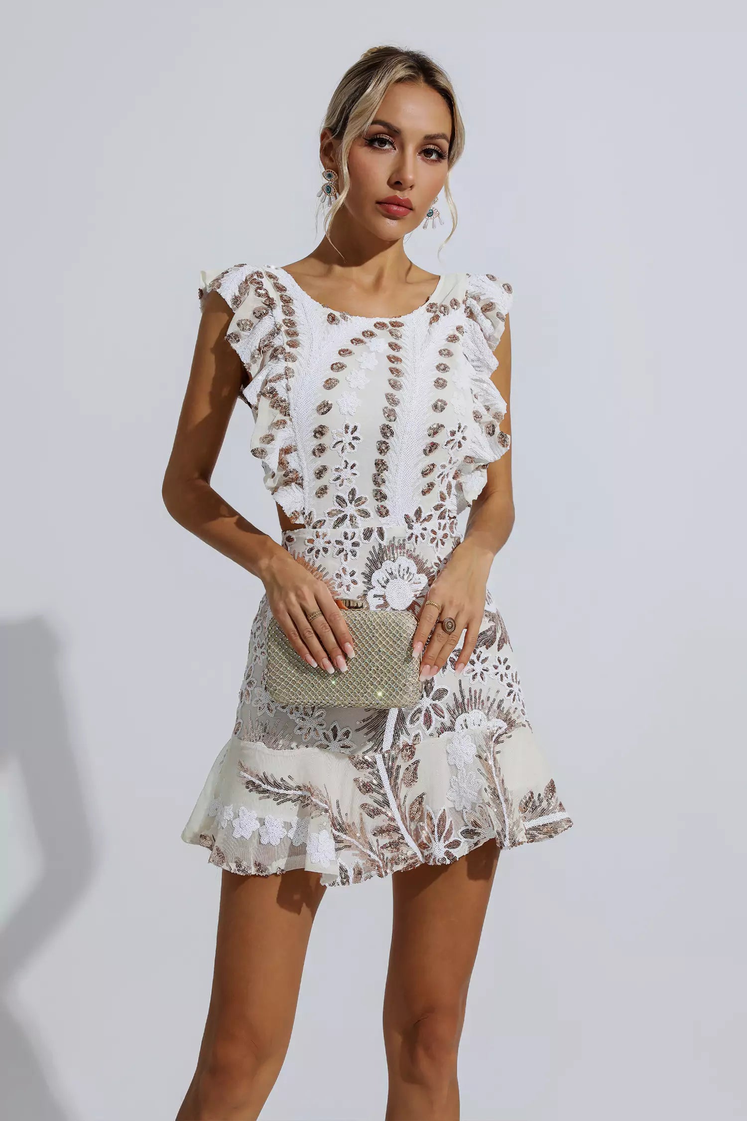 Walsh White Ruffle Floral Cutout Mini Dress