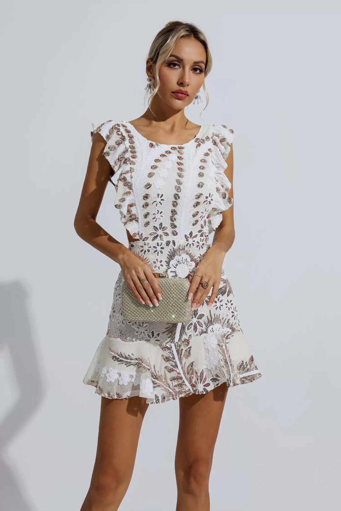 Walsh White Ruffle Floral Cutout Mini Dress