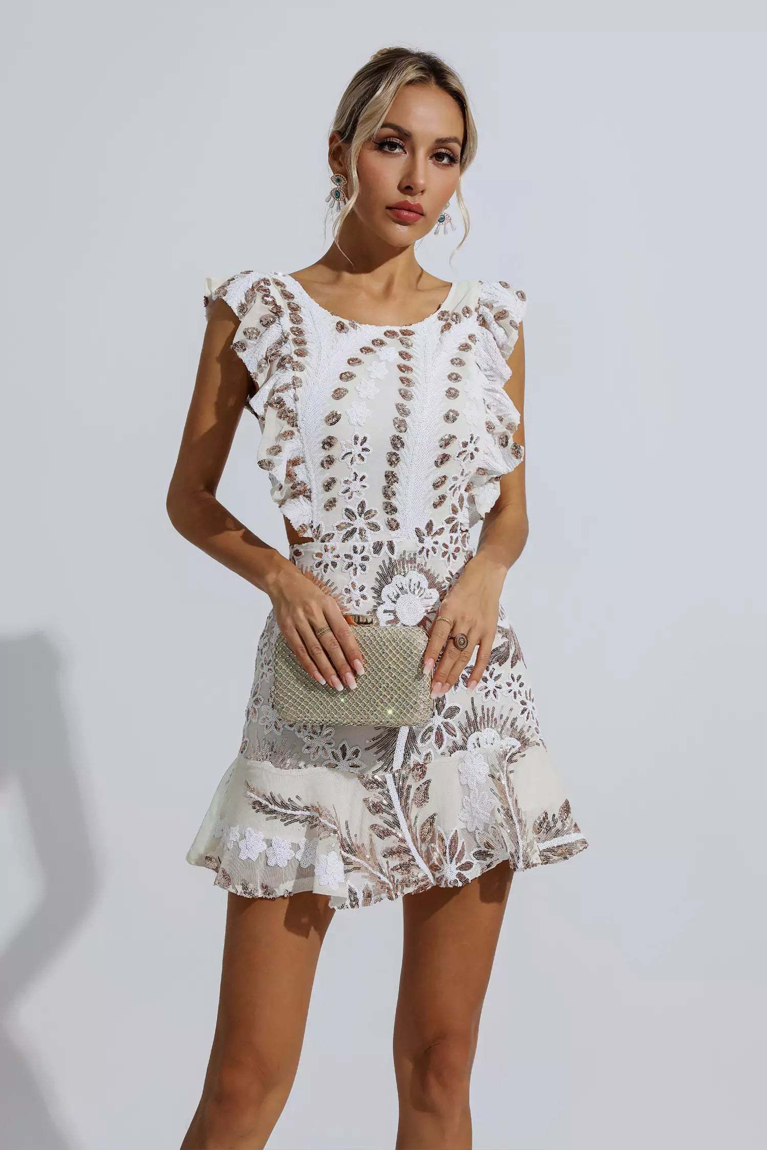 Walsh White Ruffle Floral Cutout Mini Dress