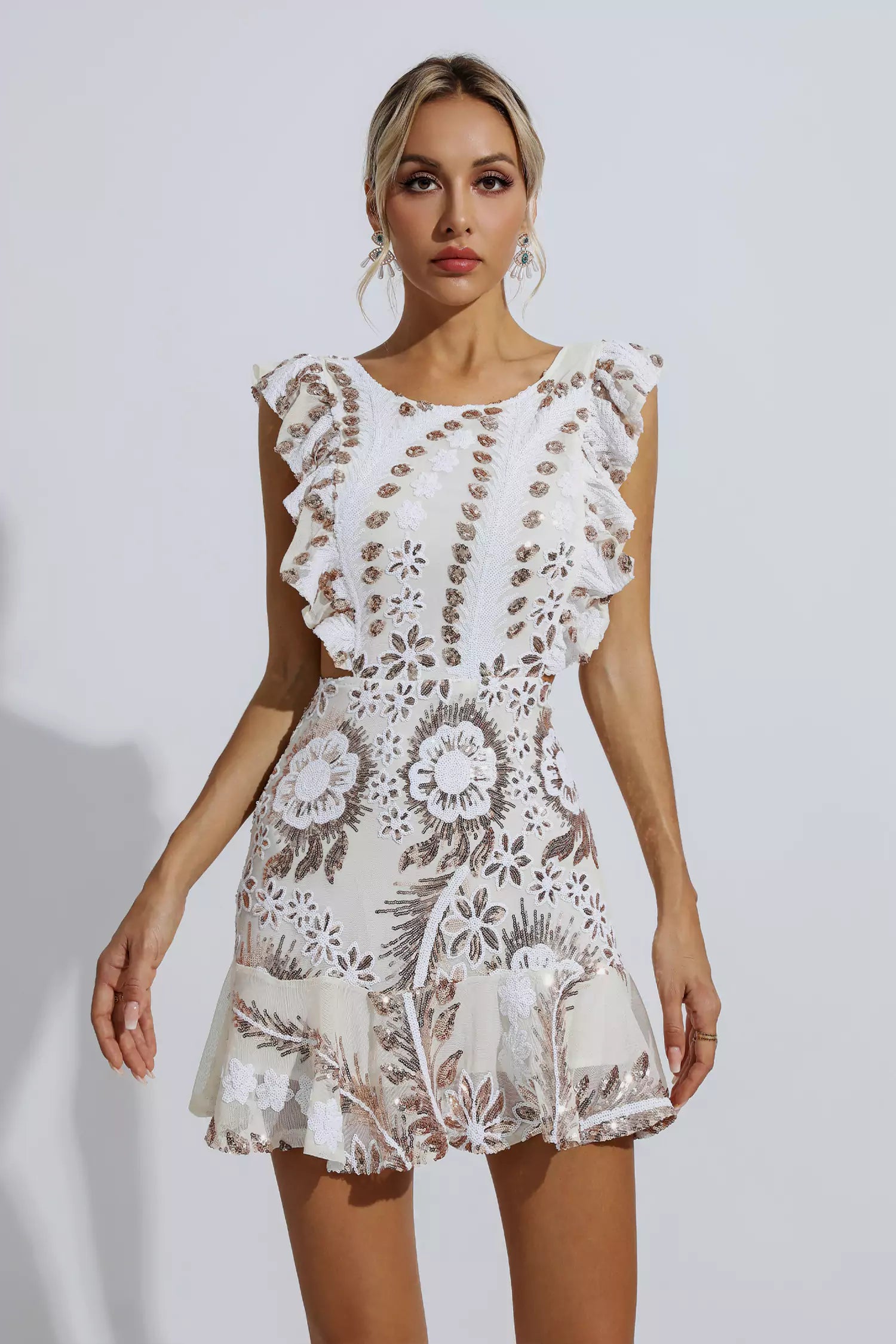 Walsh White Ruffle Floral Cutout Mini Dress