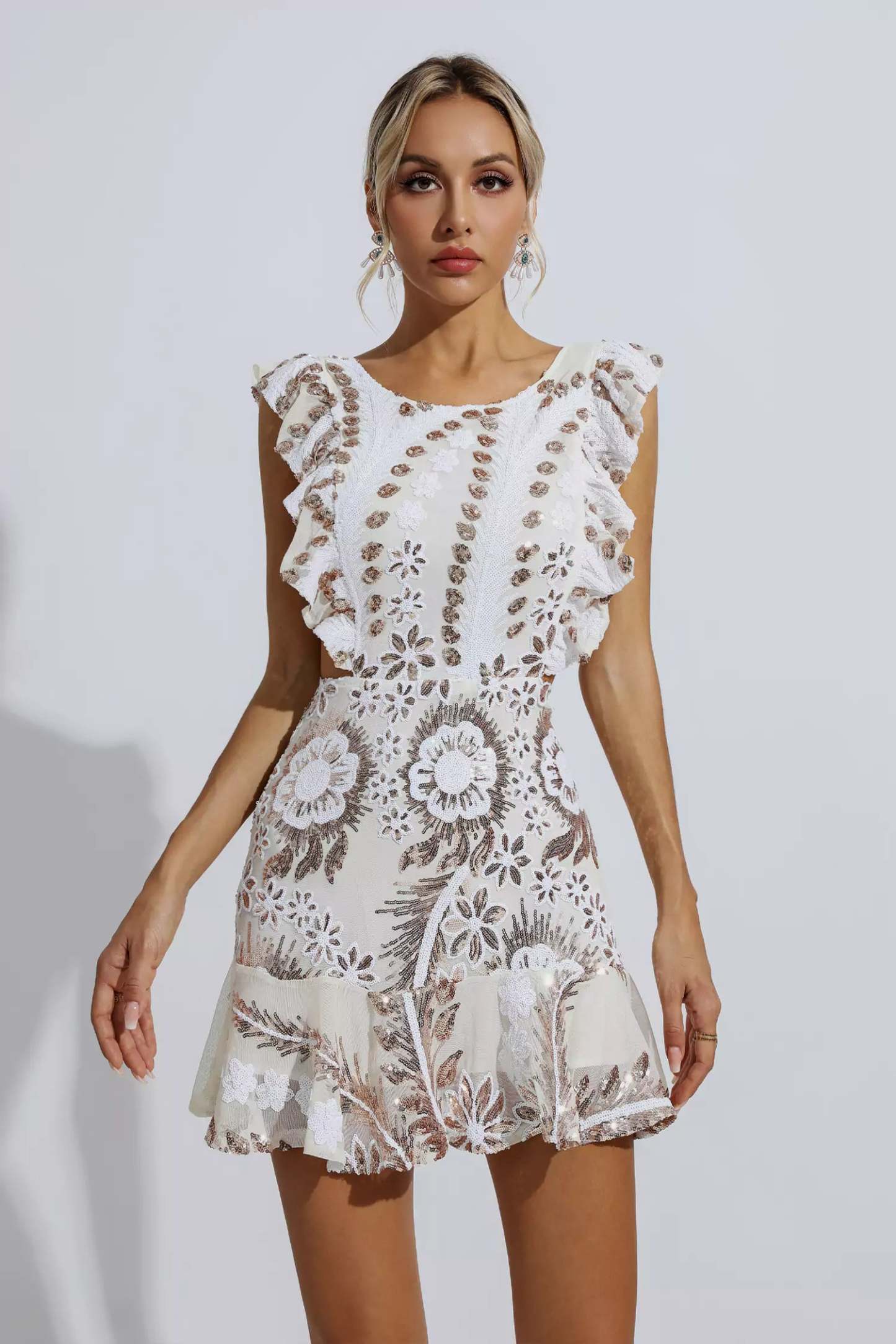 Walsh White Ruffle Floral Cutout Mini Dress