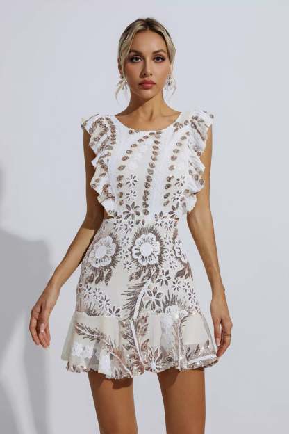 Walsh White Ruffle Floral Cutout Mini Dress