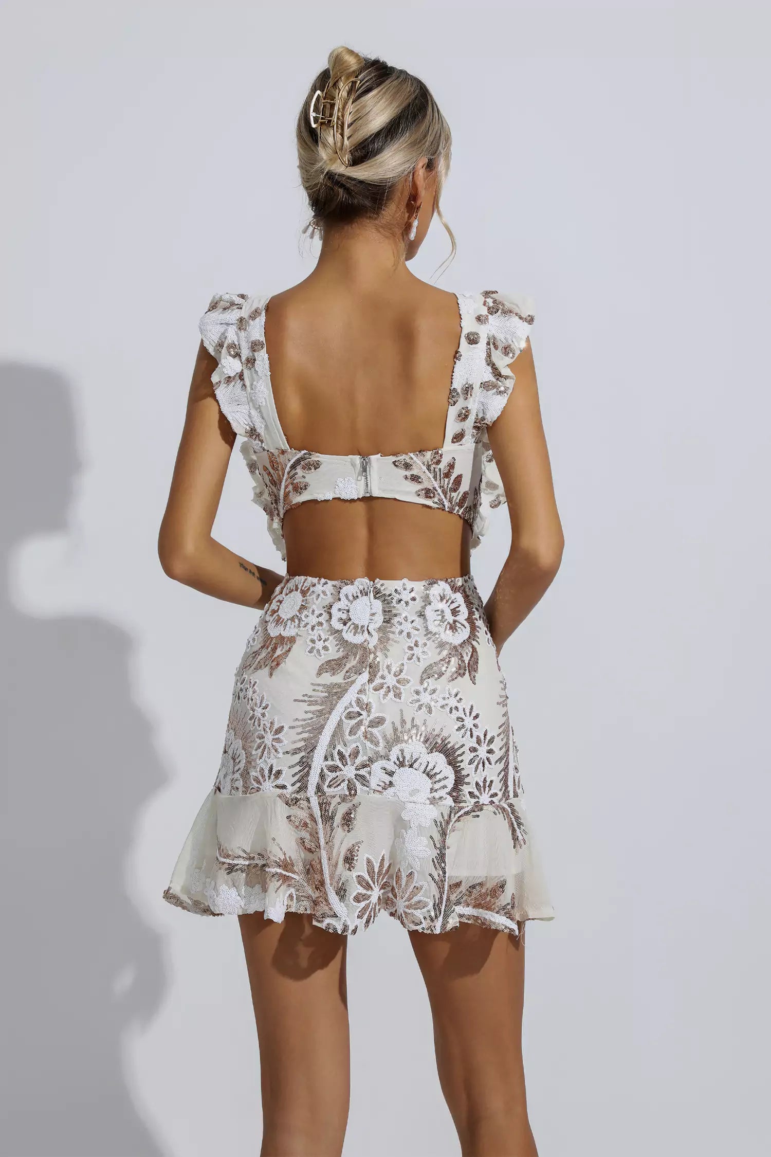 Walsh White Ruffle Floral Cutout Mini Dress