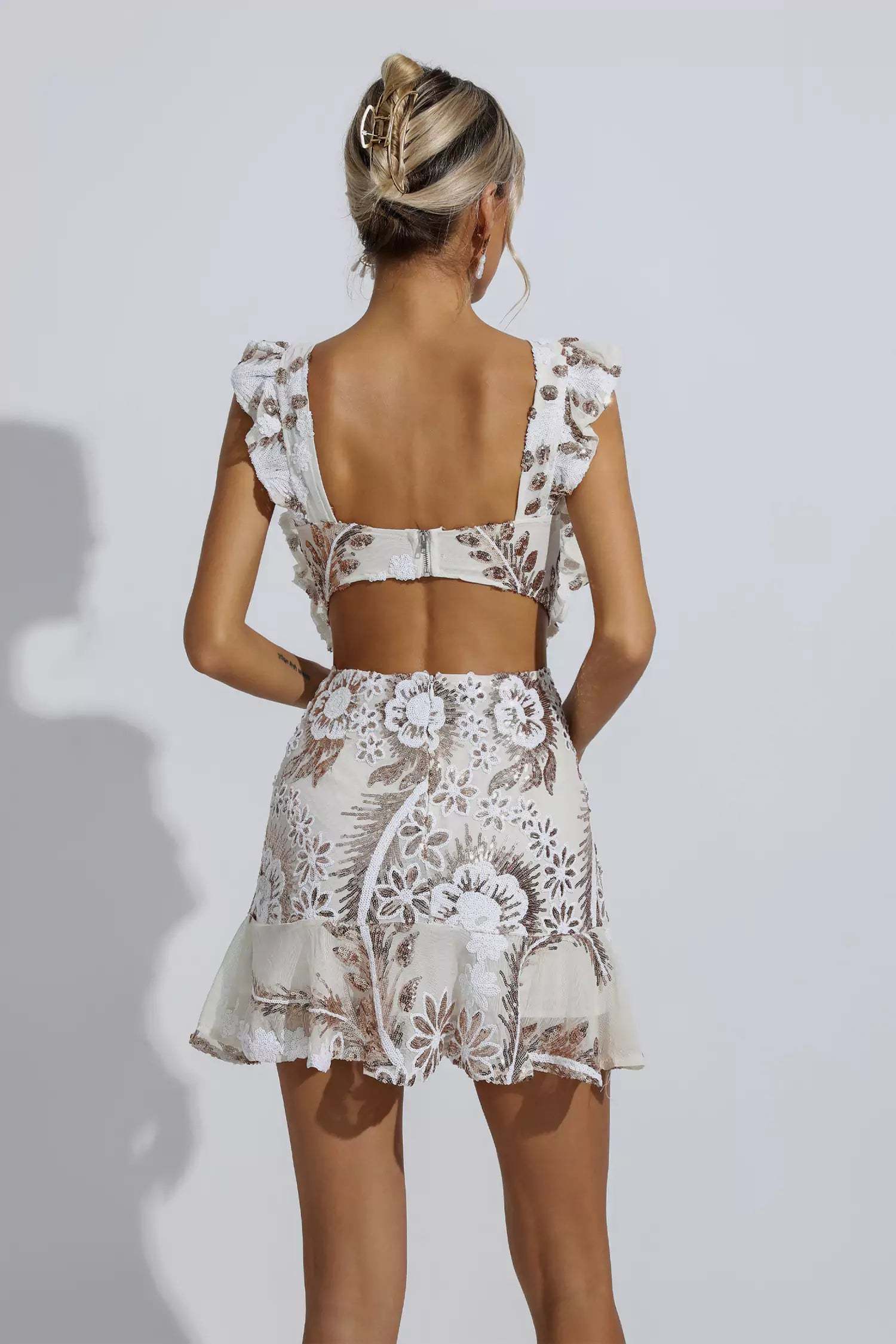 Walsh White Ruffle Floral Cutout Mini Dress