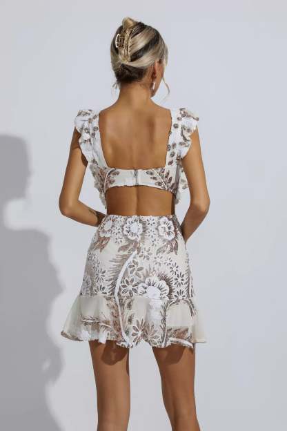 Walsh White Ruffle Floral Cutout Mini Dress
