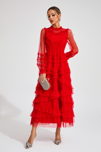 Malan Red Floral Long Sleeve Dress