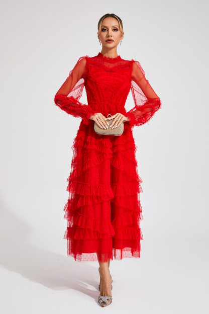 Malan Red Floral Long Sleeve Dress
