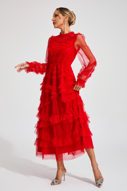 Malan Red Floral Long Sleeve Dress