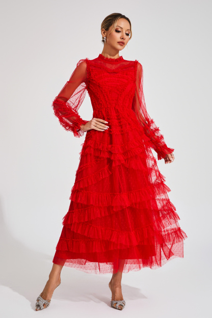 Malan Red Floral Long Sleeve Dress