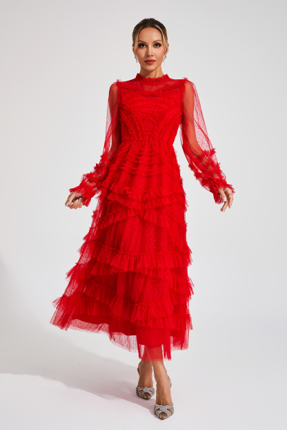 Malan Red Floral Long Sleeve Dress