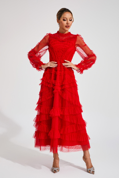 Malan Red Floral Long Sleeve Dress