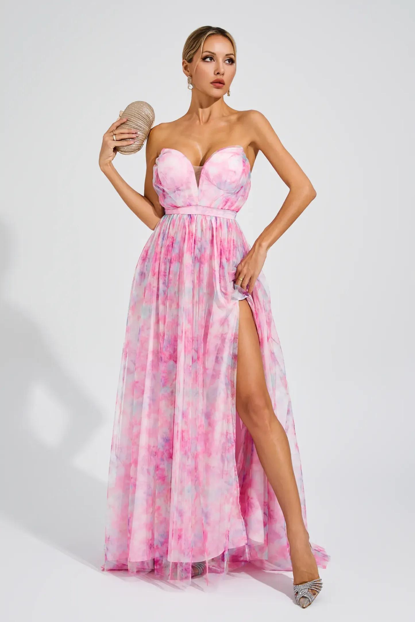 Spenser Pink Floral Slit Off Shoulder Dress
