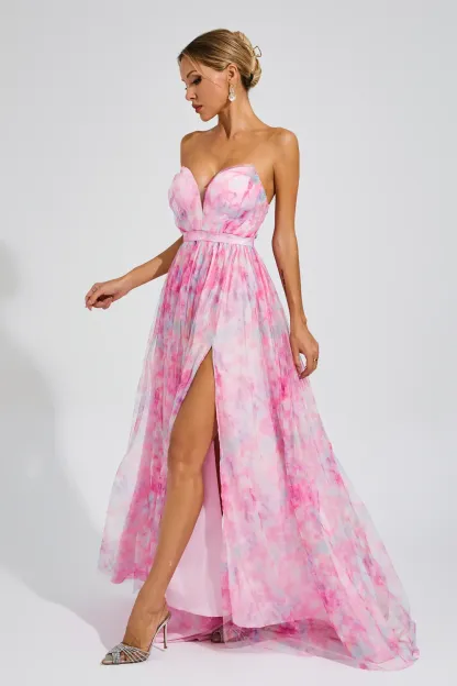 Spenser Pink Floral Slit Off Shoulder Dress