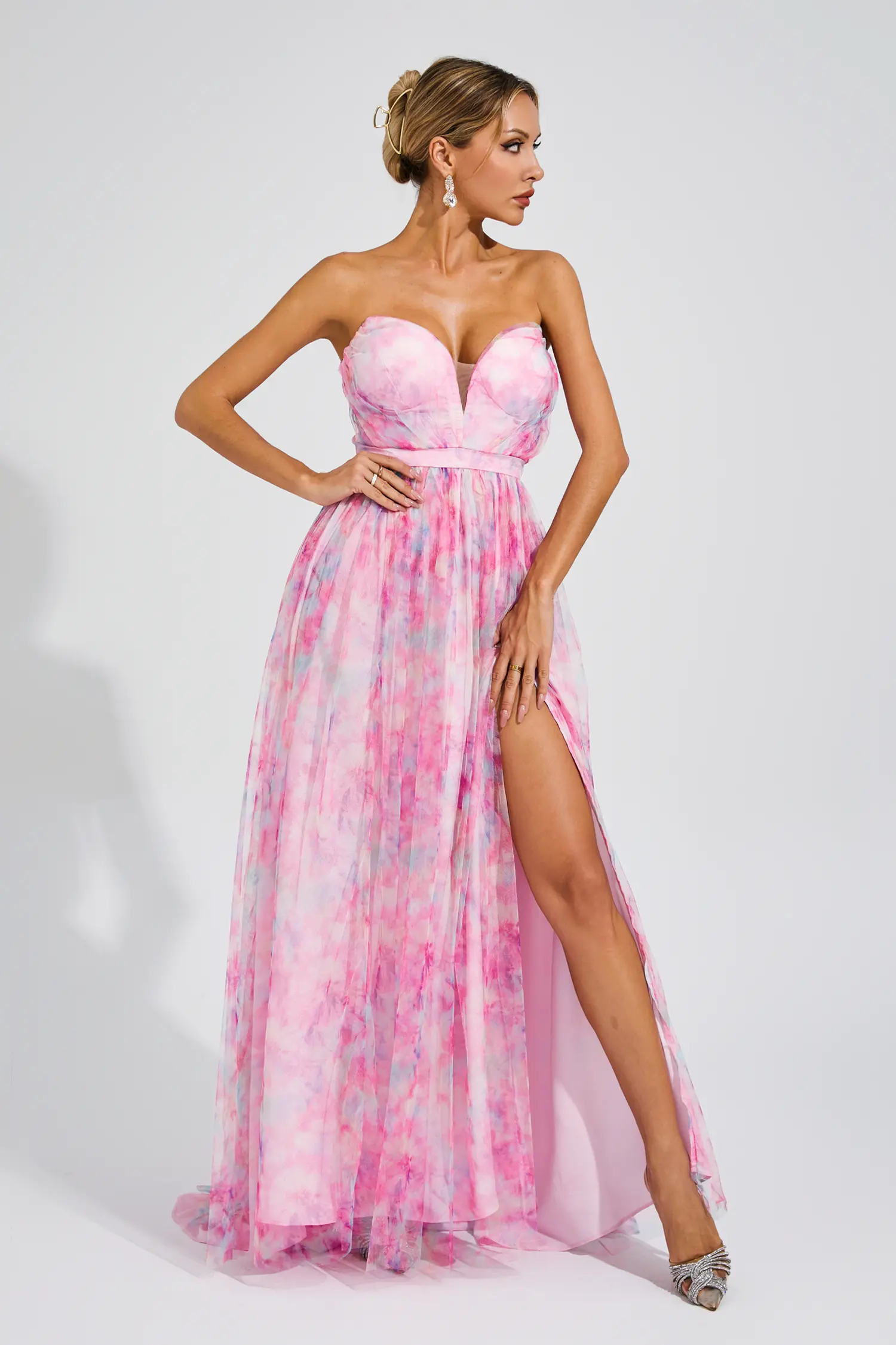 Spenser Pink Floral Slit Off Shoulder Dress