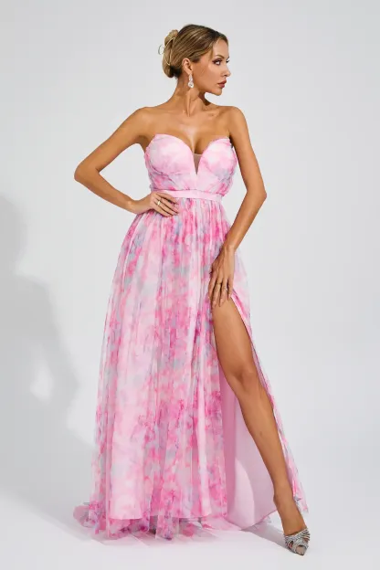 Spenser Pink Floral Slit Off Shoulder Dress
