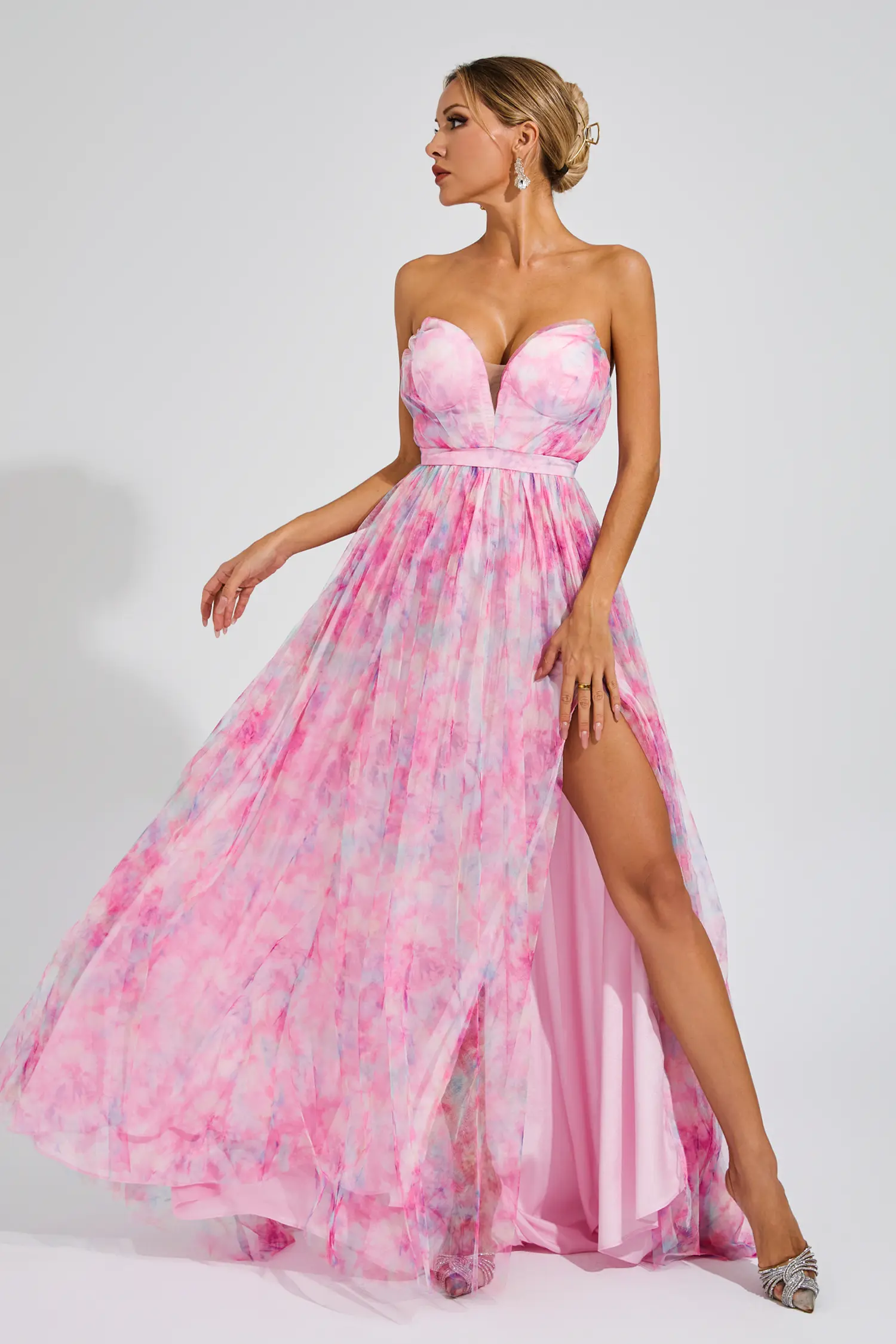 Spenser Pink Floral Slit Off Shoulder Dress