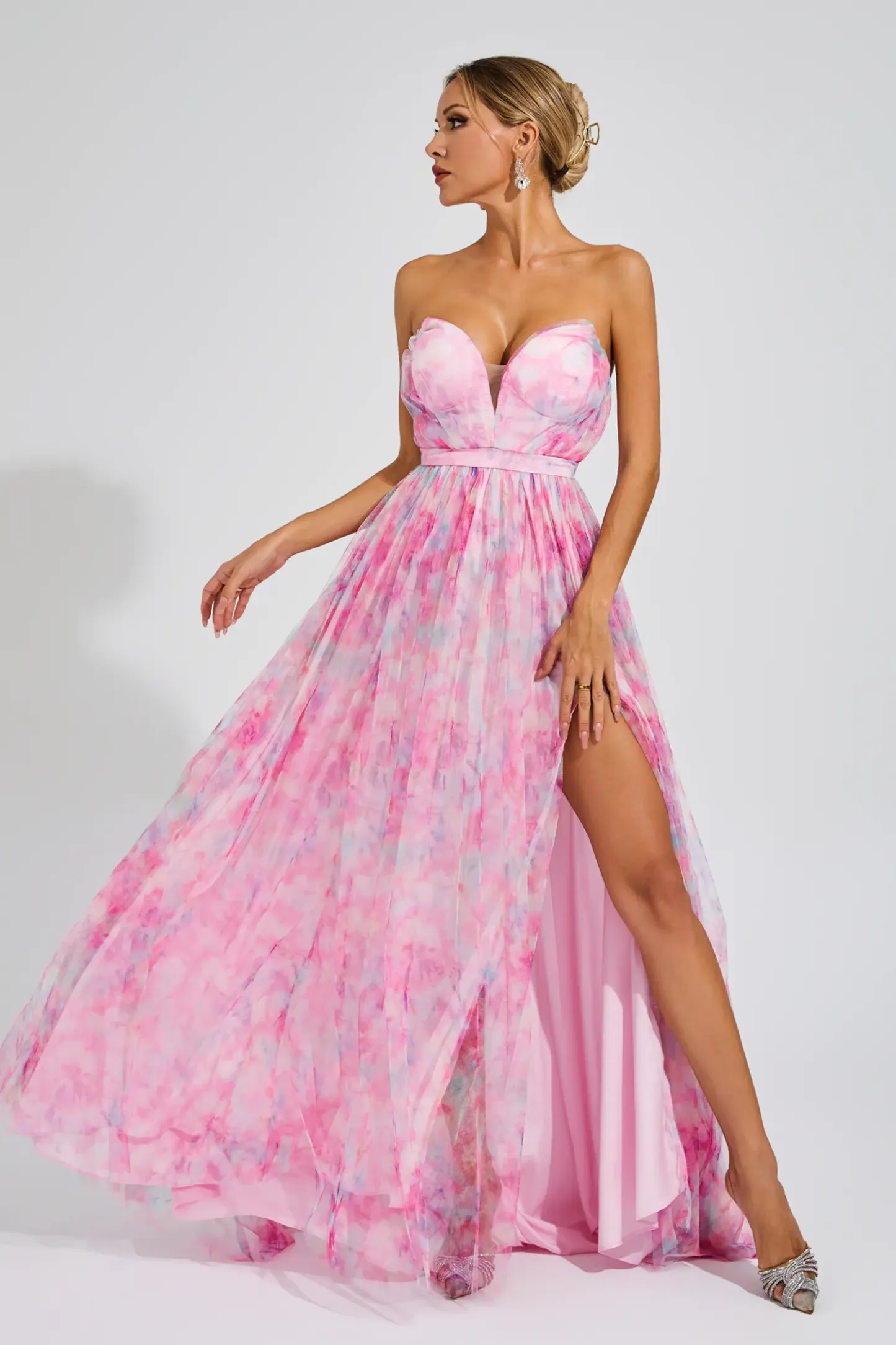 Spenser Pink Floral Slit Off Shoulder Dress