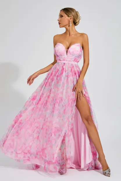 Spenser Pink Floral Slit Off Shoulder Dress