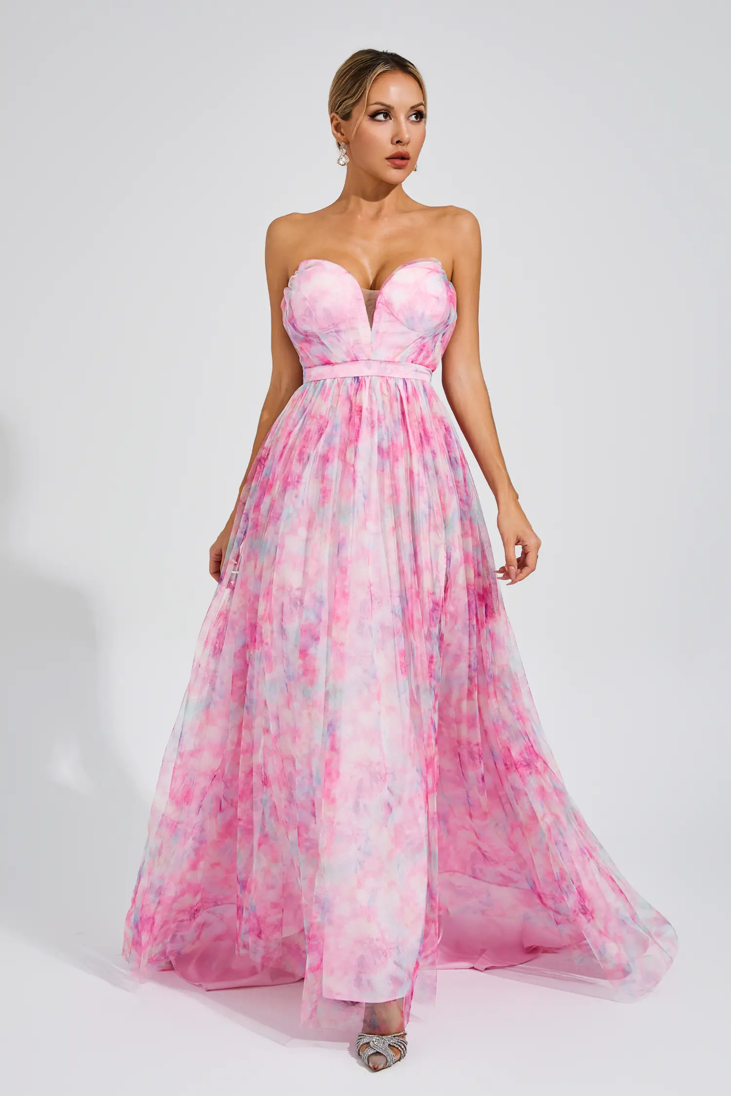 Spenser Pink Floral Slit Off Shoulder Dress