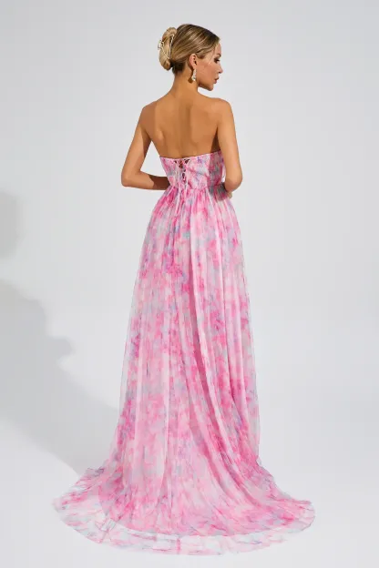 Spenser Pink Floral Slit Off Shoulder Dress