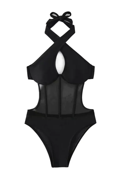 Sidney Black Halter Mesh One Piece Swimwear