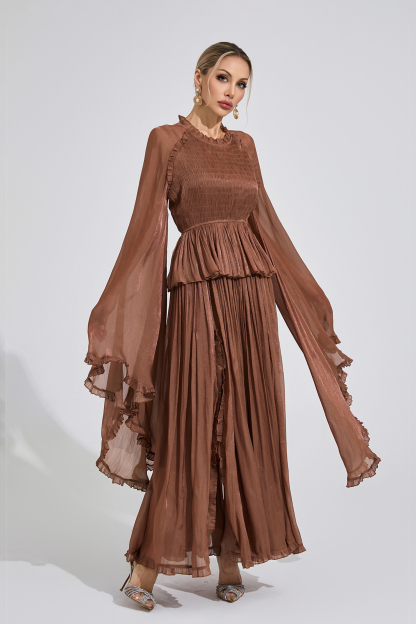 Peninsula Brown Flounce Maxi Dress