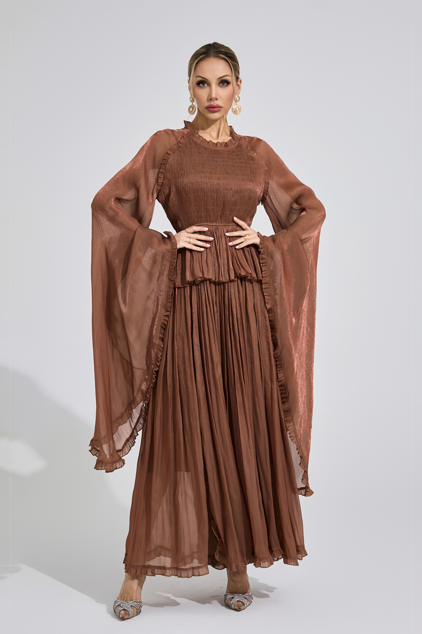 Peninsula Brown Flounce Maxi Dress
